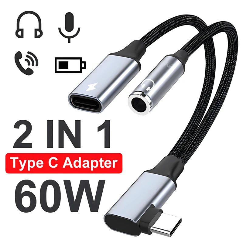 2 in 1 OTG Elbow Type USB C to 3.5mm Jack AUX Audio Headphone Adapter 60W Fast Charging For Samsung iPhone 15 Pro Huawei Xiaomi