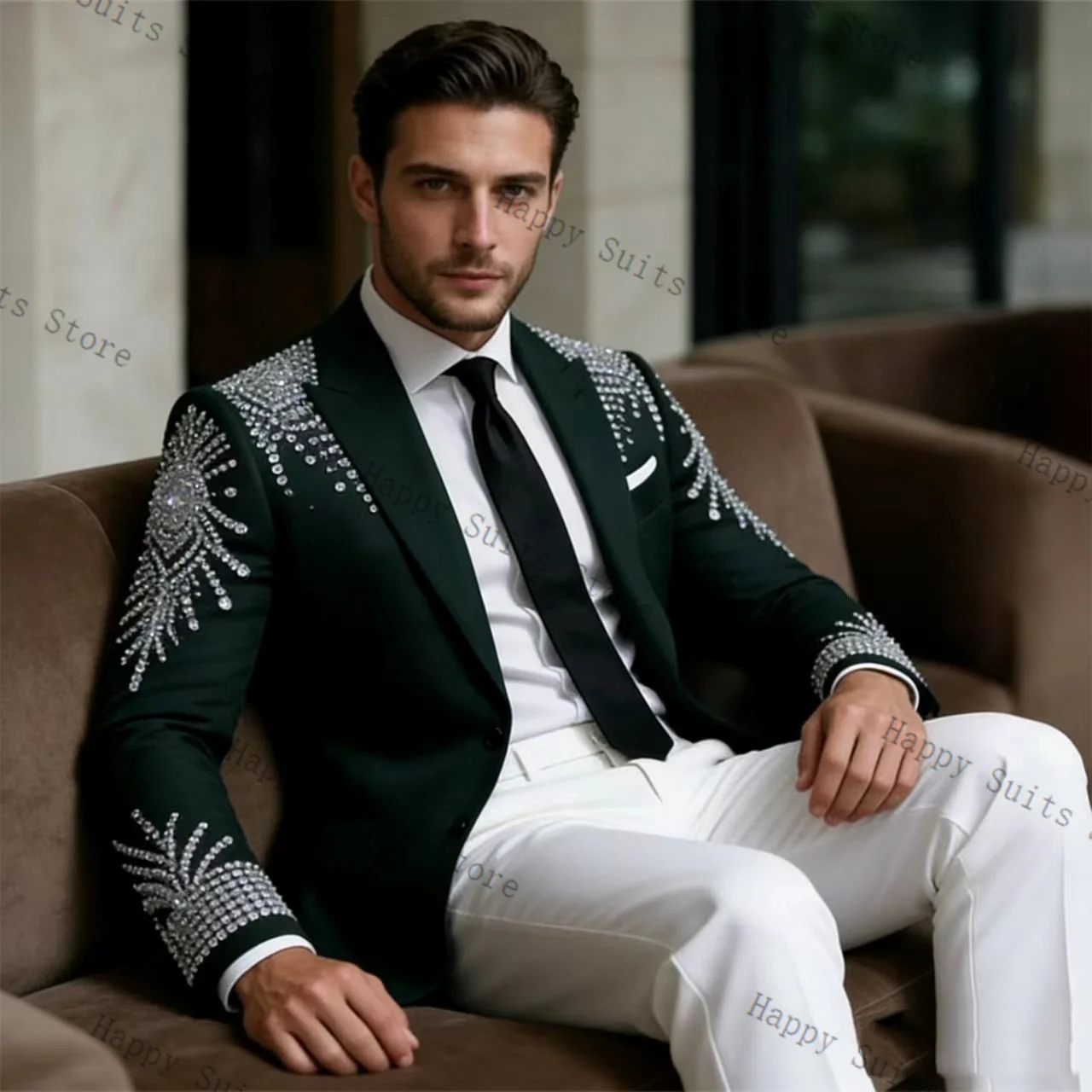 

Crystals Men Suit Set 2 Pcs Groom Green Blazer+Pants Trousers Luxury Formal Office Coat Wedding Tuxedo Customized Jacket Outfit