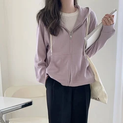 Y2k Purple Sweet Hooded Coats Korean Zipper Loose Long Sleeve Female Casual Jacket Autumn New Preppy Style Pockets Ladies Tops