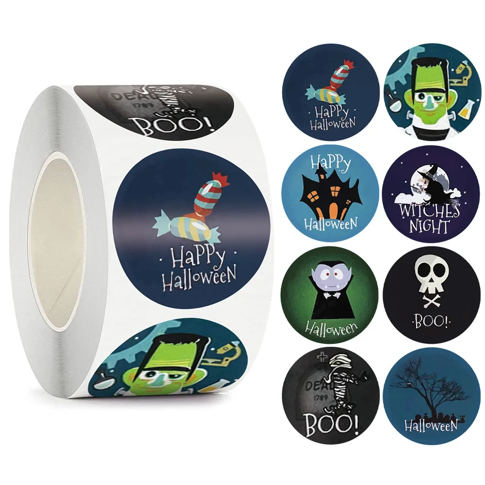 Halloween Round Stickers Roll 1.5 Inch Pumpkin Ghost Witch Skull Label for Party Gift Envelope Decor DIY Craft Supplies
