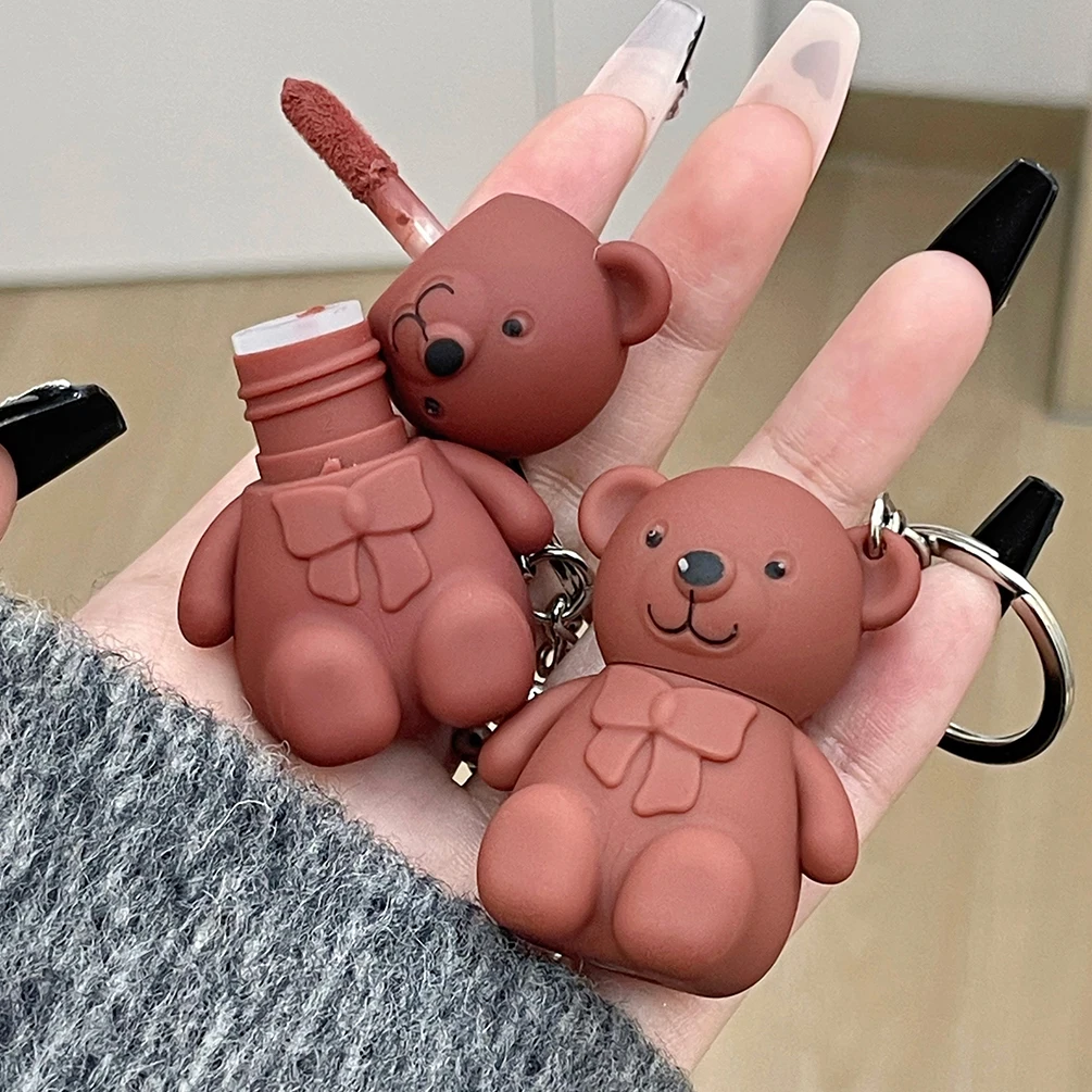 Matte Velvet Lip Glaze Keychain Pendant Cute Bear Liquid Lipstick Ash Pink Nude Lip Gloss Women Waterproof Lip Tint Mud Cosmetic