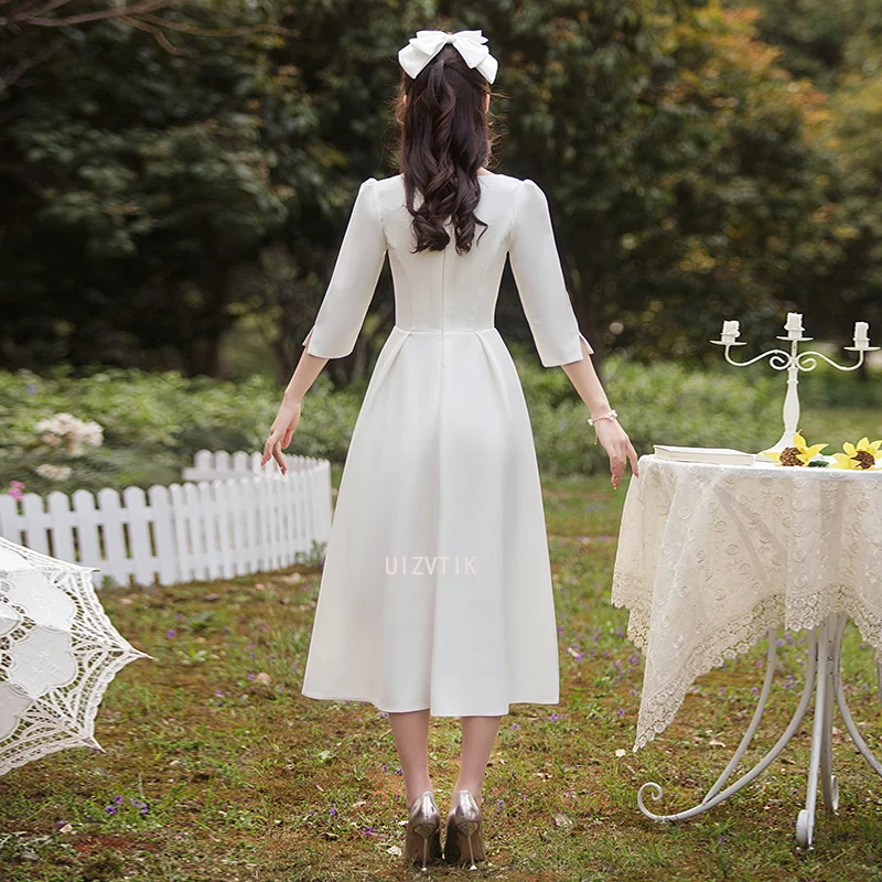 White Simple Light Wedding Dresses for Bride Elegant Square Neck Midi Prom Evening Guest Party Women Summer Formal Vestidos