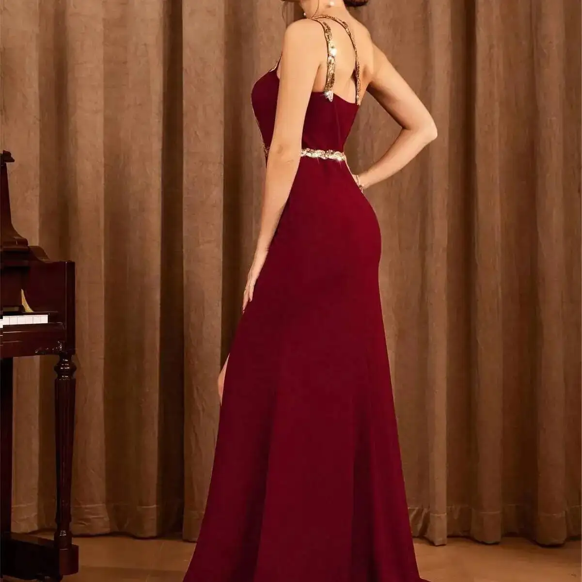 

Shoulder Dress Evening Single New Metal Ribbon Slit Big Display Evening Dress Ball Dress Party Dress Bridesmaid Dress Summer