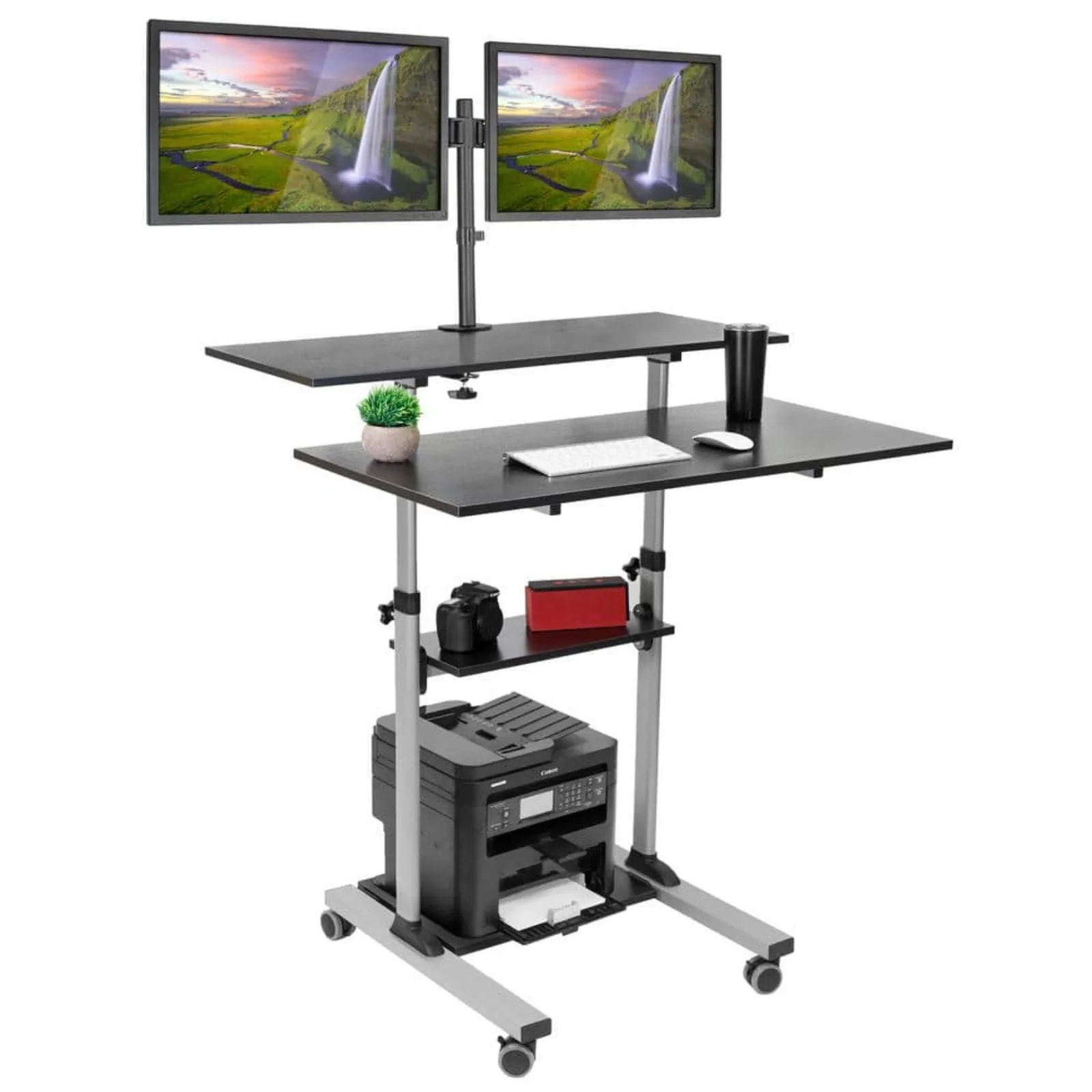 US 40 in. Grey Mobile Standing Desk with Dual Monitor Mount, Height Adjustable Rolling Computer Workstation Wheels