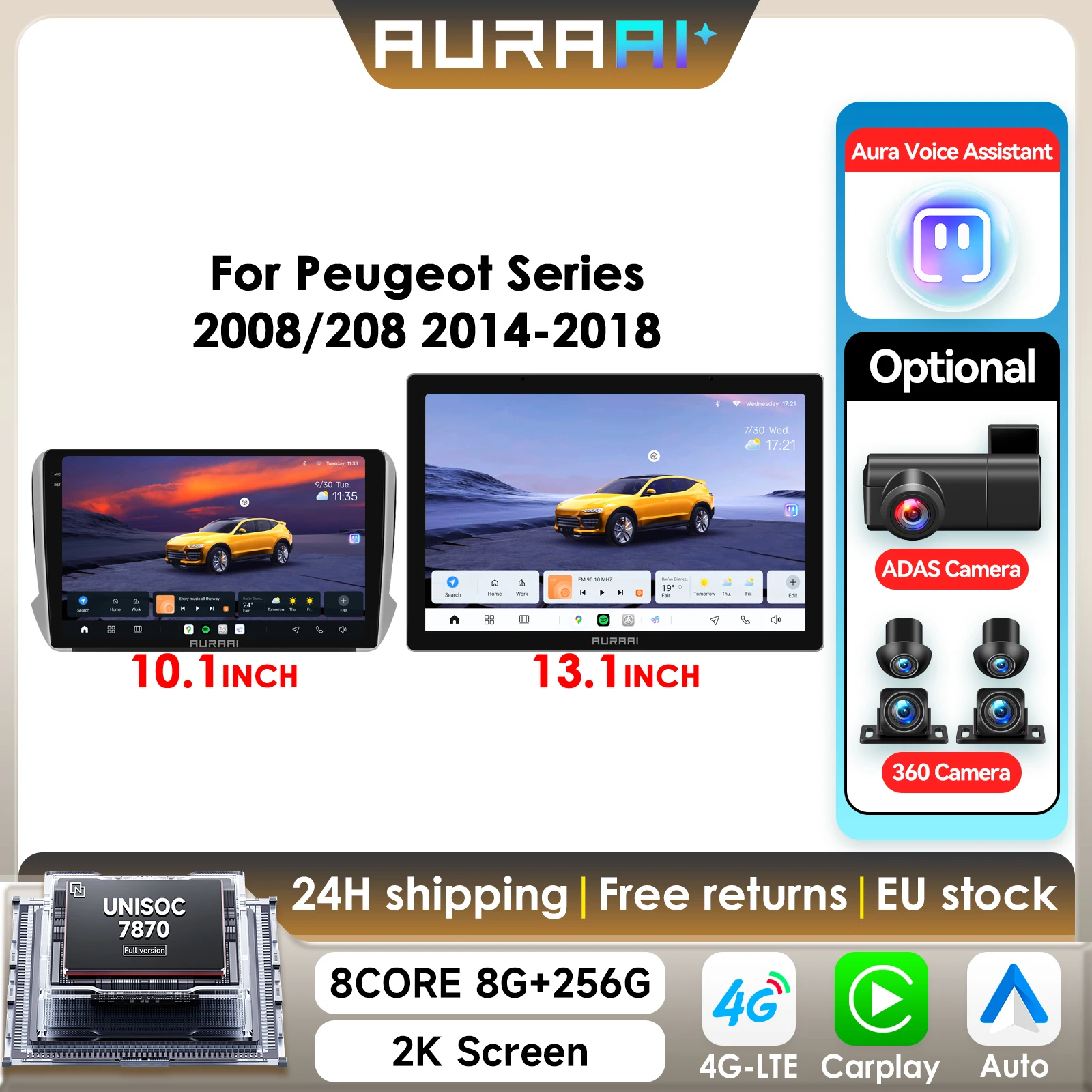 Autoradio 8G+256G AURAAI con schermo 2K per Peugeot 208 2008 2014-2018, CarPlay, Android Auto, 4G, WIFI, GPS, DSD, ADAS, doppio microfono, 360 ° Cam