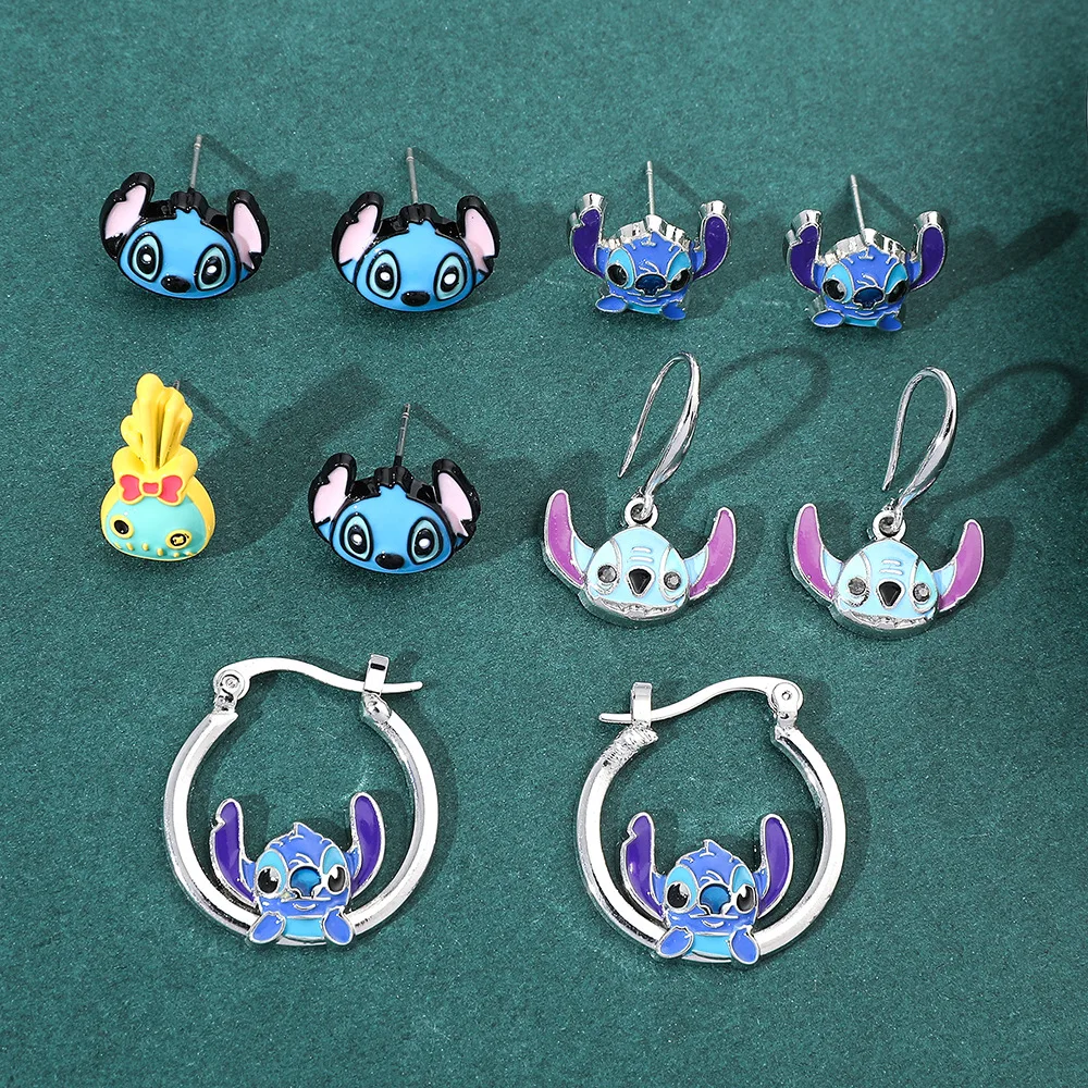 Pendientes de figura de Anime Lilo & Stitch, colgante de oreja de Metal de punto Kawaii, pendientes femeninos delicados para niña, regalo de joyería