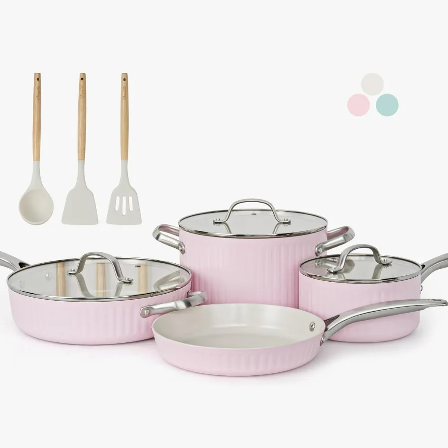 

10Pcs Nonstick Cookware Set with TriPly Construction and Ceramic Coating for Efficient Cooking Featuring StayCool Ergonomic Han