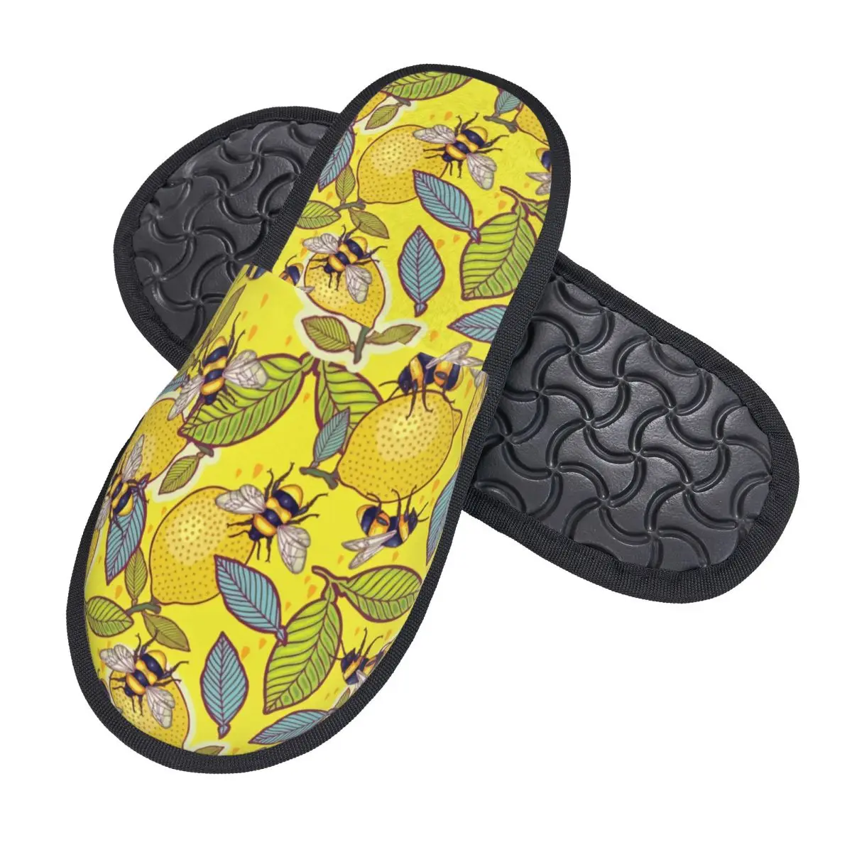 Yellow Lemon And Bee Pattern Guest Slippers for Spa Women Custom Print House Shoes