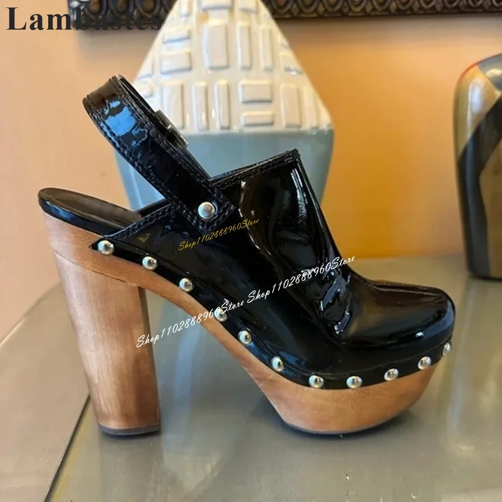 

Black Glossy Leather Platform Slingback Sandals Chunky High Heel Women Shoes Back Strap Round Toe 2024 Fashion Zapatillas Mujer