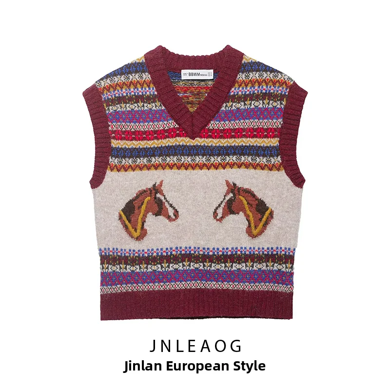 JNLEAOG Comfortable Knitted Vest Autumn New Style Women's Fashion Personality Daily Tissue Weave Vest V-neck Polyester Fiber