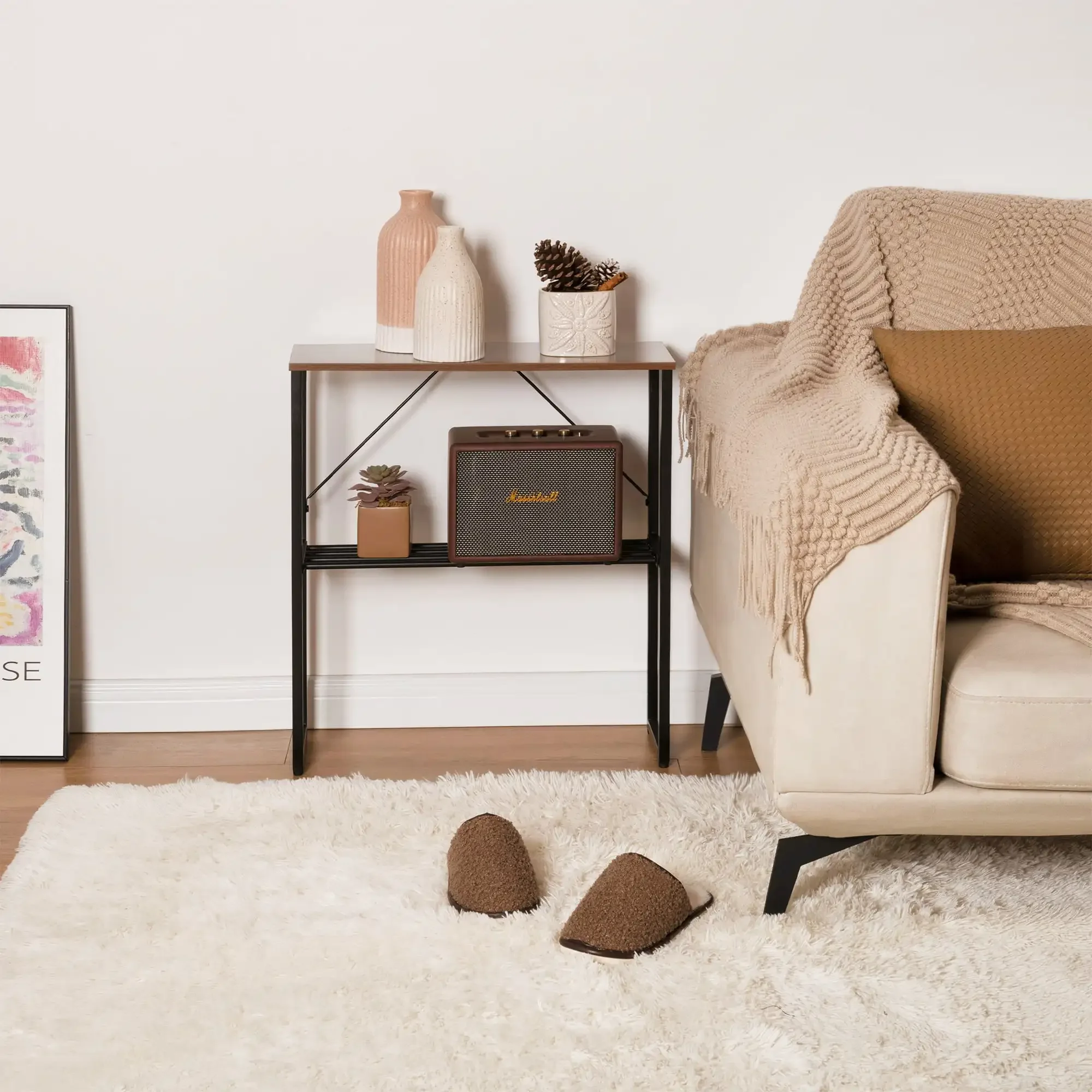 طاولة جانبية طويلة، طاولة جانبية ضيقة مع رف تخزين، بني جوزي، طاولة قهوة لطاولة جانبية لغرفة المعيشة #1