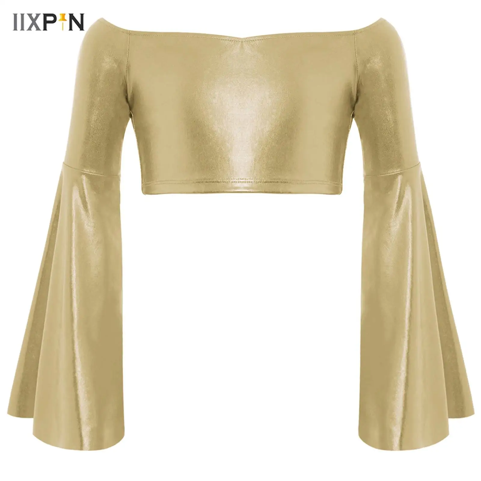

Kids Girls Shirt Jazz Dance Top Long Flared Sleeve Off-Shoulder Metallic Crop Top for Birthday Party Stage Performance Dancewear