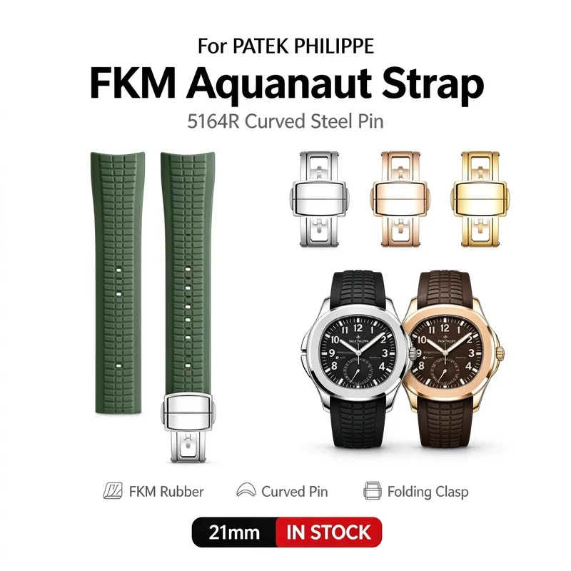 Premium FKM Rubber Strap for Patek Philippe Aquanaut 5164R 21mm Curved Steel Pin Green Folding Clasp Men Replacement Watch Band