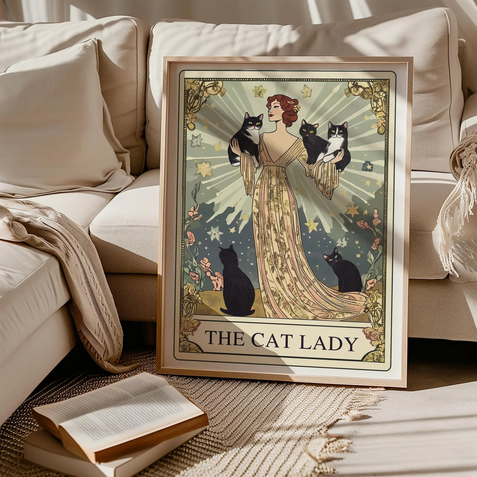 Impresión de Tarot The Cat Lady, arte de pared Art Nouveau Cat Lovers, cartel de gato vintage, regalo de mamá gato, impresión de gato única, decoración de apartamento