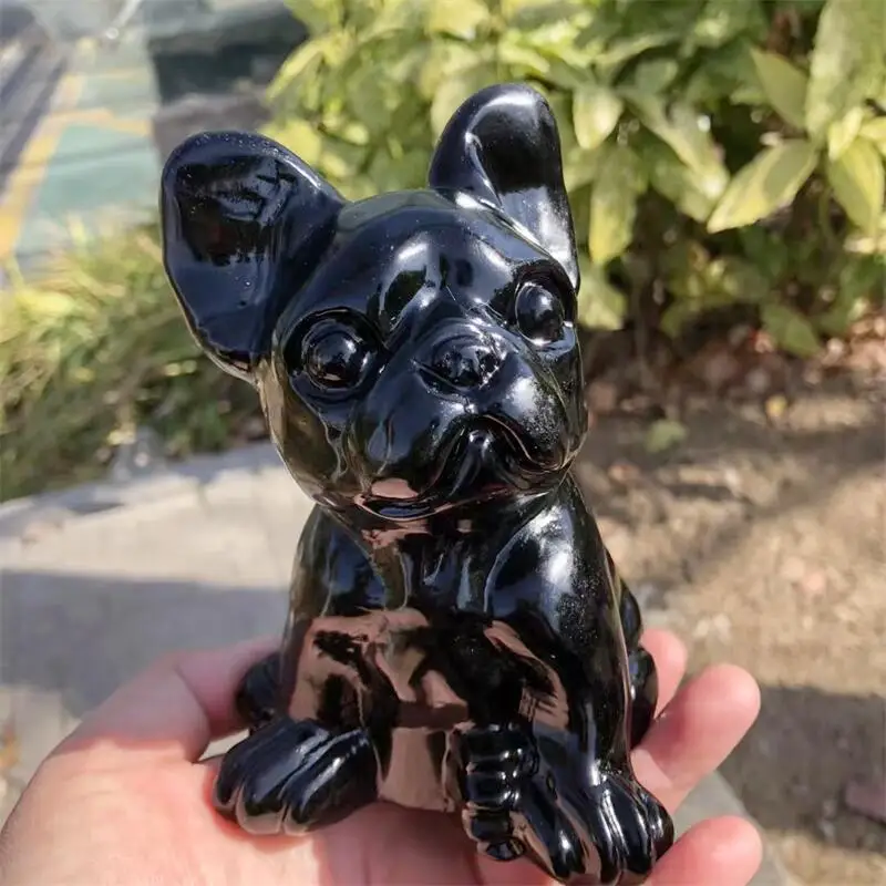 

Natural Black Obsidian Cartoon Dog Carving Animal Statue Healing Fengshui Sculpture For Decoration Gift 1pcs