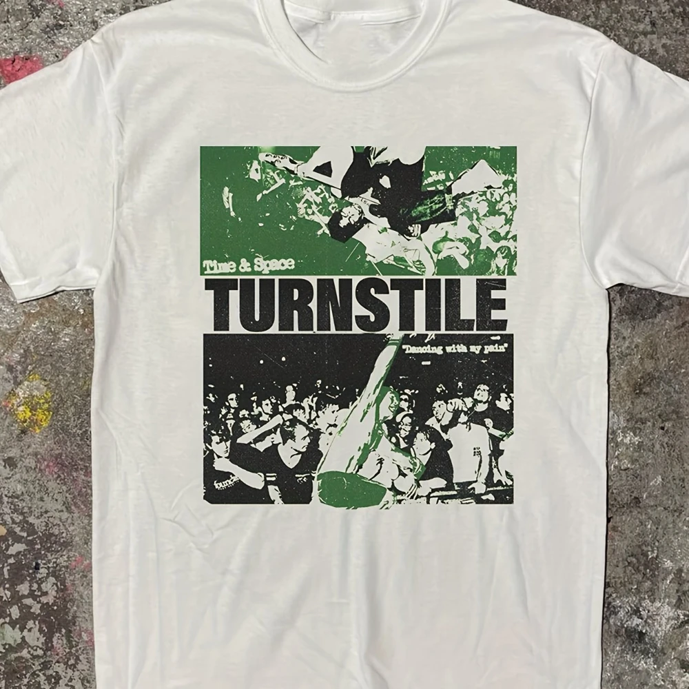 Camiseta gráfica de la banda Turnstile, diseño de tiempo y espacio, estampado verde y negro, camiseta unisex con cuello redondo, camiseta informal de manga corta