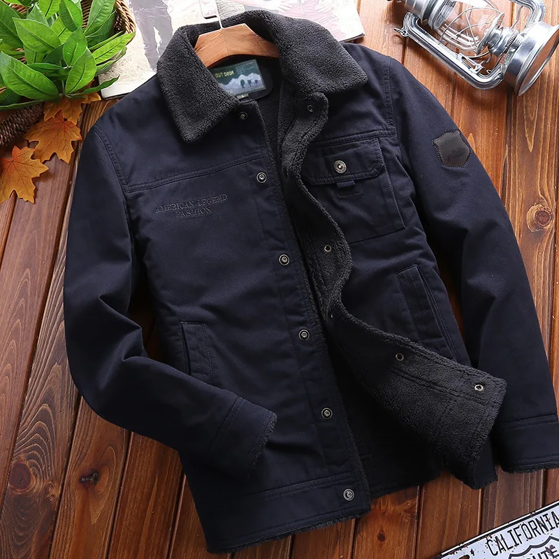 FGKKS New Cotton Coat Men\'s Plush Thickened Winter Flip Collar Warm Cotton Coat Youth Casual Coat Cotton Coat Men\'s