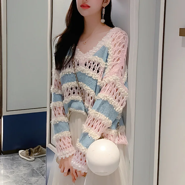 Fashion Pull Femme Striped Hollowed Out Knit Top For Women Spring Summer Sweaters Loose Ladies Long Sleeve Pullover Shirt