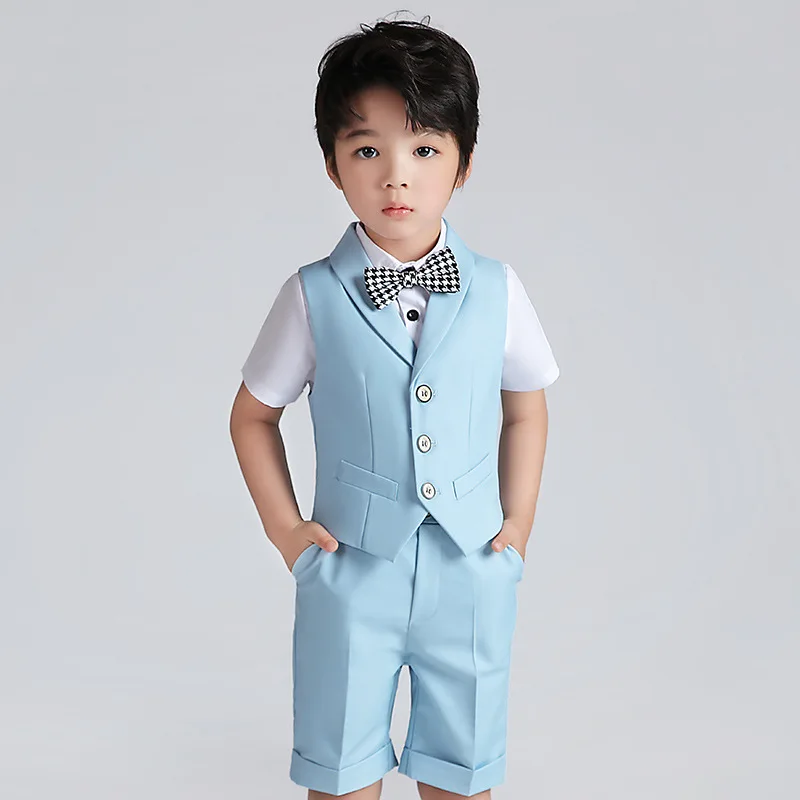 Baby Boys Summer Formal Vest Short Shirt Bowtie Costume Child Wedding Photography Suit School Kids Graduation Ceremony Dress