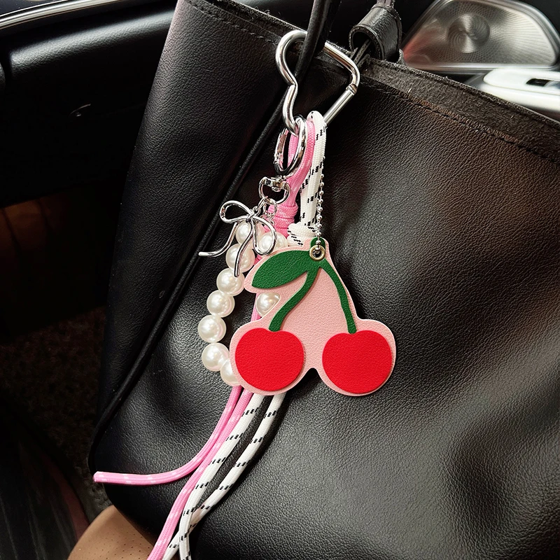 Creative Hand Woven Rope Cherry Keychain Pendant, Fashionable Pearl String Accessory, Cute Cherry Bag Pendant
