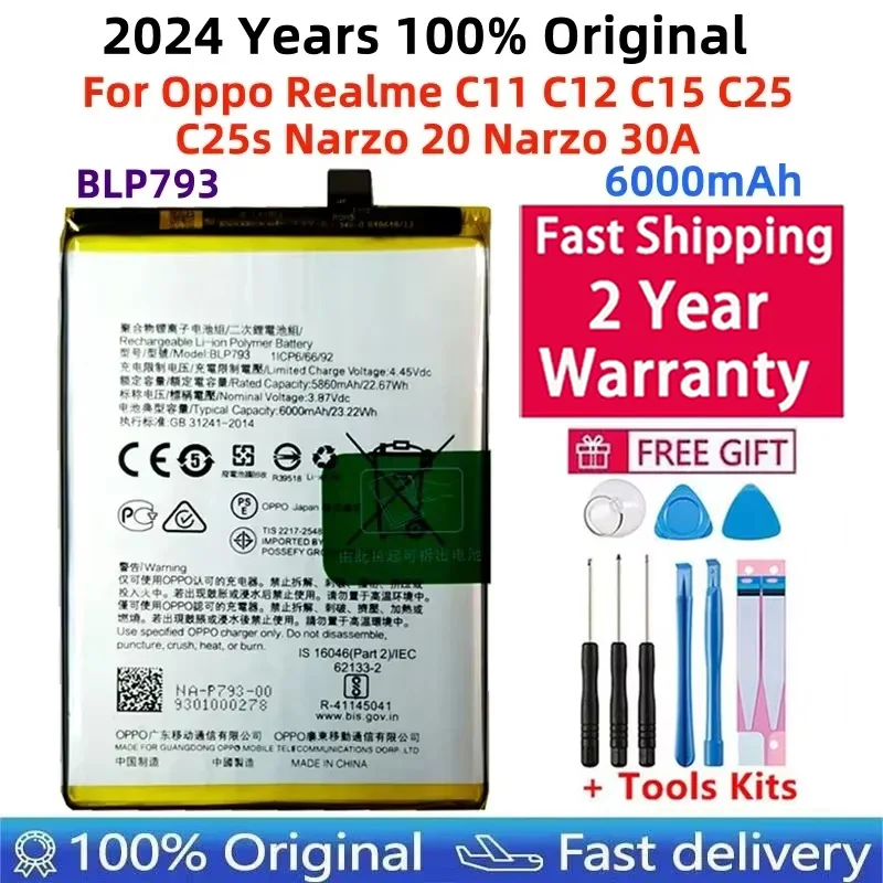 

100% Original Replacement BLP793 Battery For Oppo Realme C11 C12 C15 C25 C25s Narzo 20 Narzo 30A Mobile Phone 6000mAh Batteries