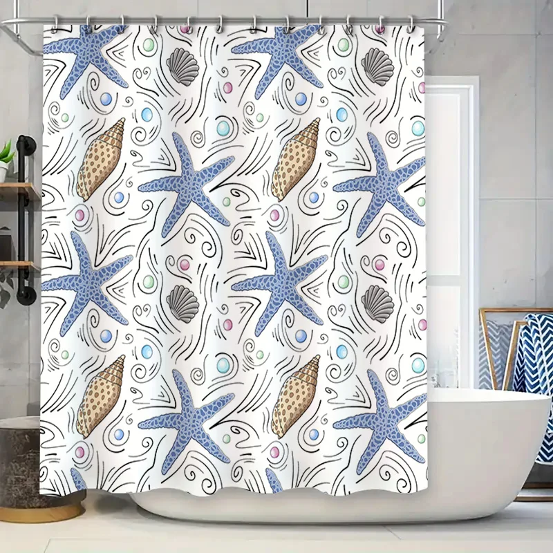 

Намальована вручную занавеска для душа в стиле пляжа с синими ракушками и рисунком морской звезды для декора ванной комнаты.