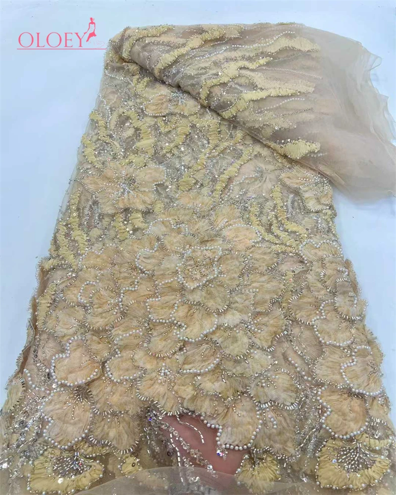 

OLOEY High Quality Handmade African Lace Fabric with Beads And Sequins for Wedding Dresses And Parties Latest Fashion Tren