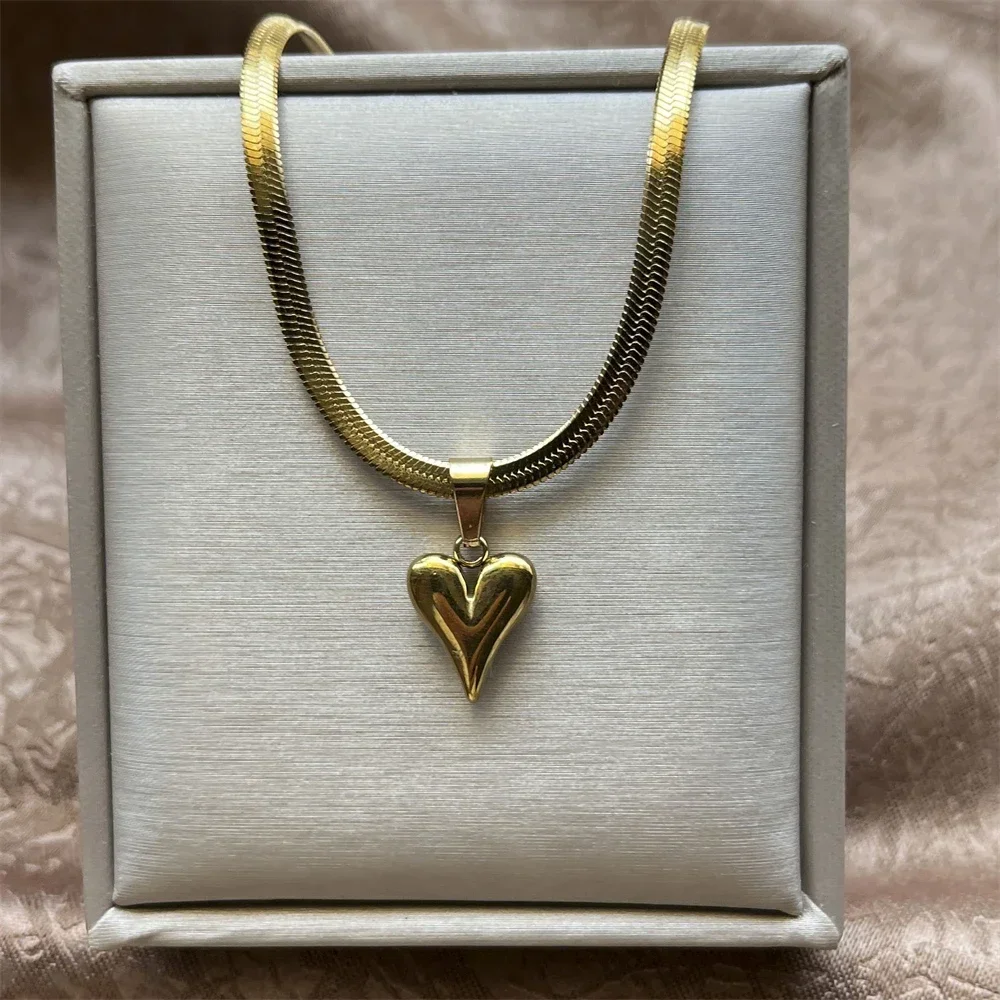 Fashion Heart Necklaces For Women Gold Color Stainless Steel Waterproof Blade Chain Colier Summer Jewelry Choker Bijoux Femme