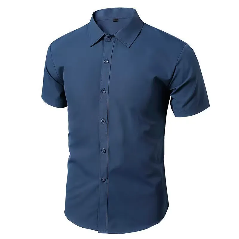 Spring and summer new men's elastic short sleeve solid color shirt non-ironing anti-wrinkle business casual fashion breathable