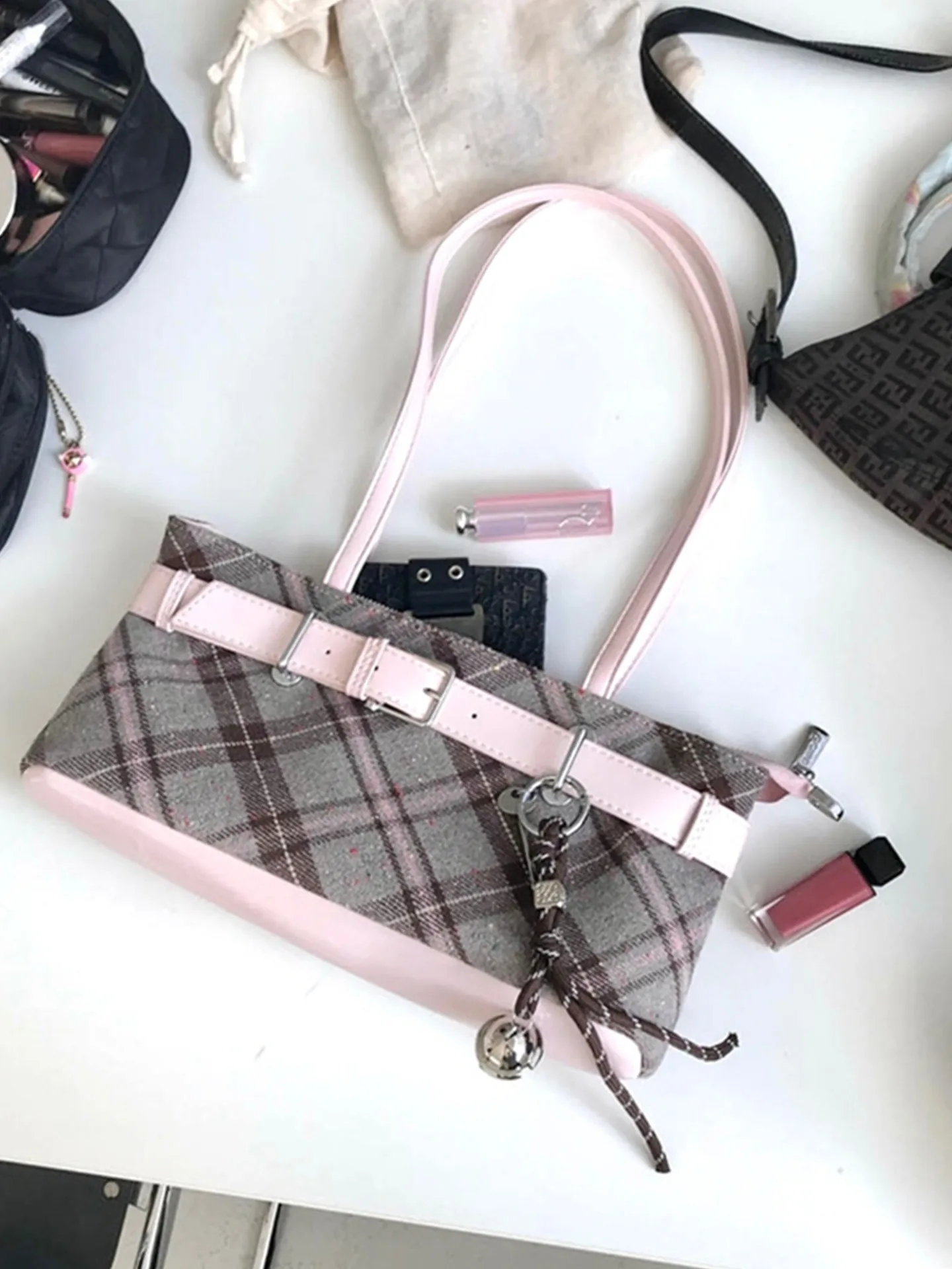 

Casual Retro Belt Buckle Underarm Bag Single Shoulder Handbag Girl's Design Sense Korean Style Square Shape Grid Pattern