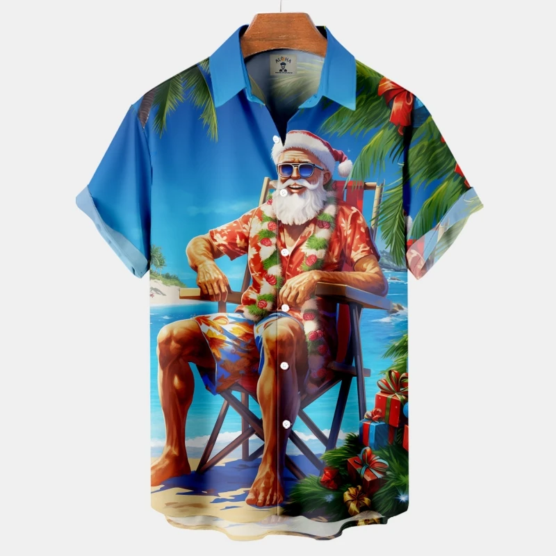 Christmas Men's Shirt Printed Short Sleeve T-Shirts Santa Claus Graphic Top Lapel Button Shirts Summer Beach Party Clothing 2024