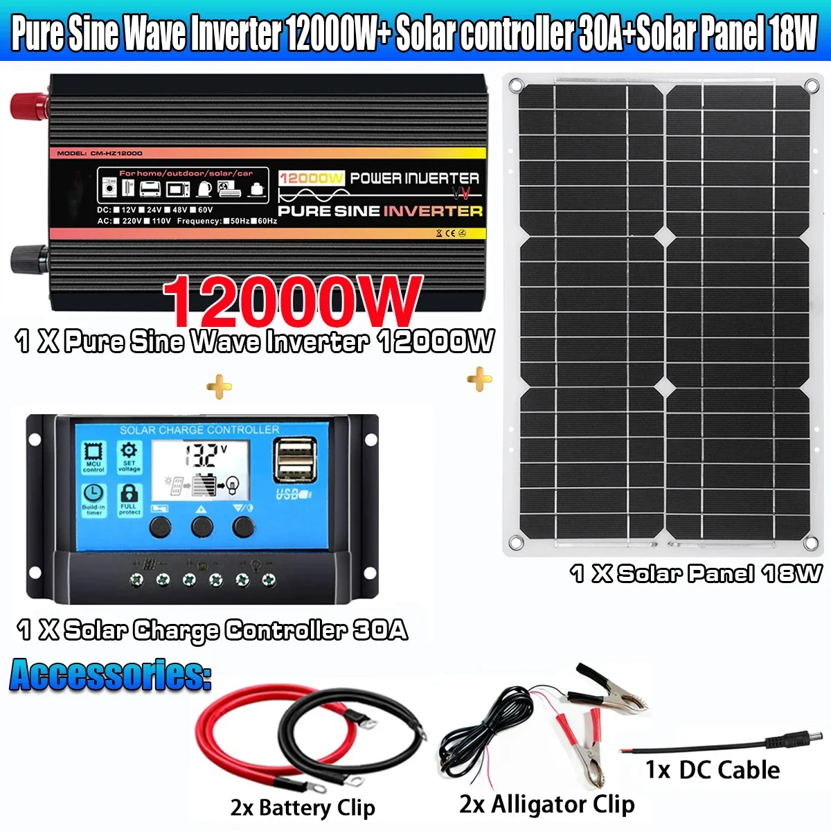 10000W 12000W Solar Panel Kit 12V To 110V/220V Pure Sine Wave Power Inverter Battery Charger Controller for RV Travel Van Camper