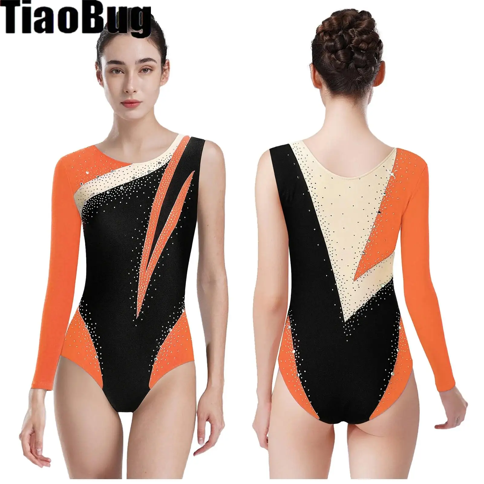 

Womens Gymnastics Leotard Long Sleeve And Sleeveless Color Blocking Asymmetrical Bodysuit Activewear for Figure Skating Ballet