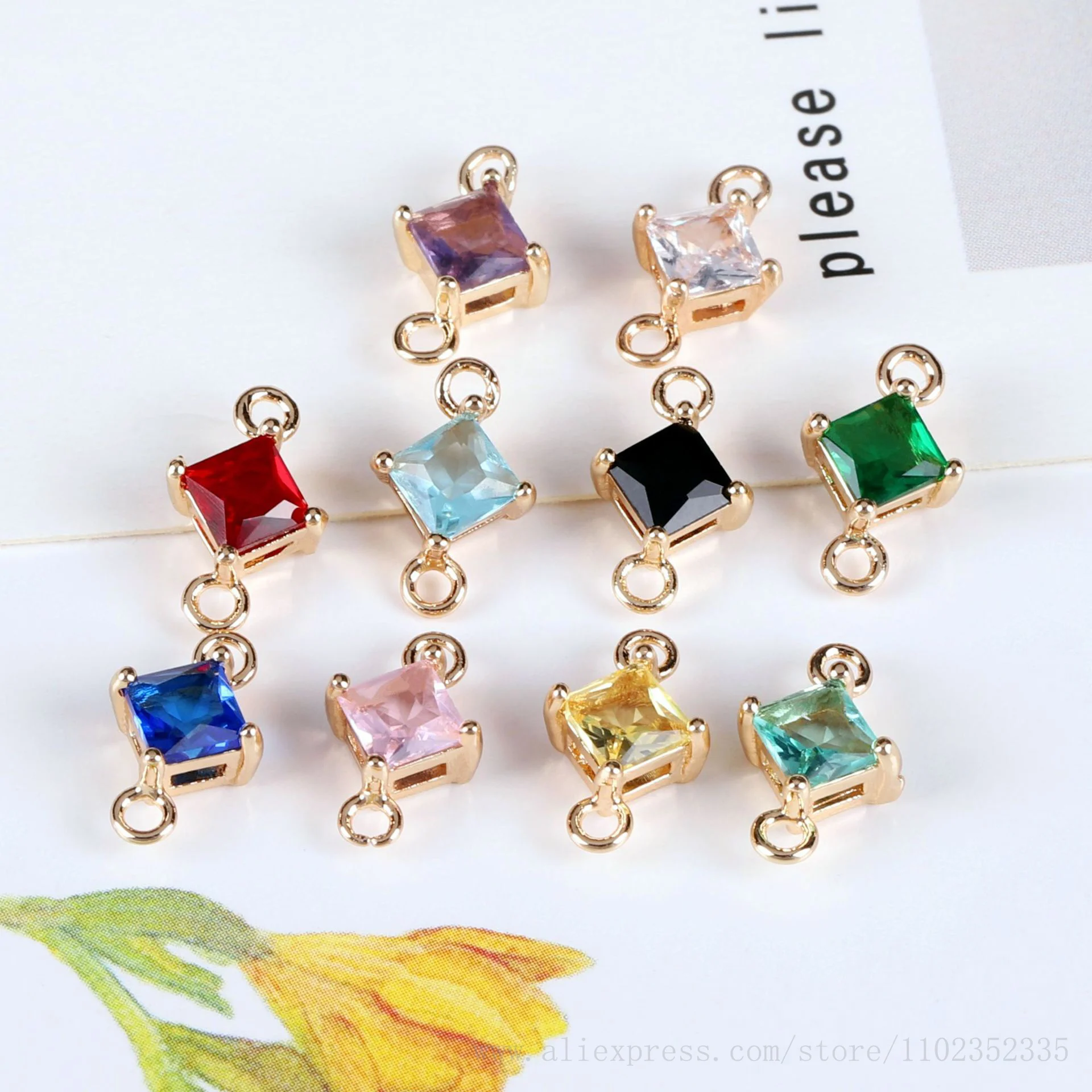 10*16mm Square Geometric Shape Zircon Connector Charm Rhombus Gemstone Earring Connector Pendant Charm 50pcs/ Bag