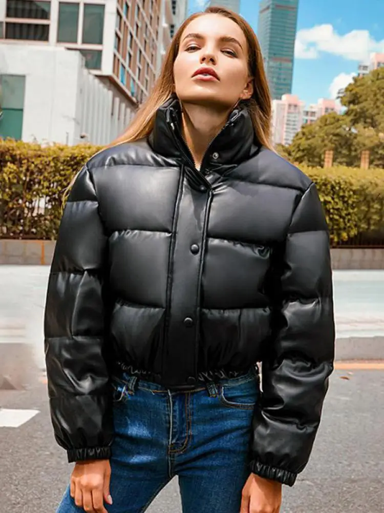 Winter Warm Thick PU Leather Coats Women Short Parkas Fashion Black Cotton Padded Lady Down Jacket Elegant Zipper Clothes 2024