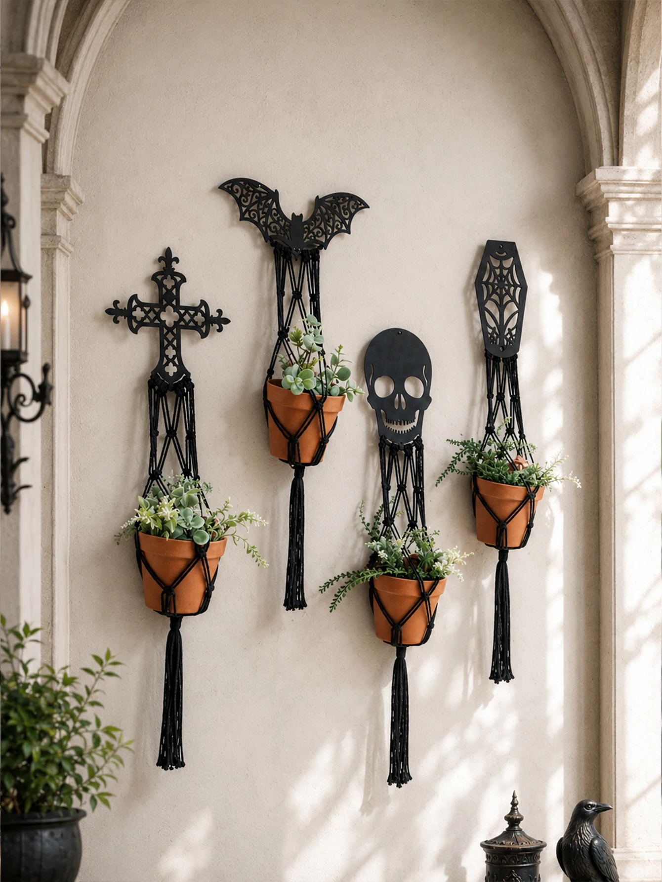 Black Macrame Plant Hanger Gothic Bat Skull Cross Coffin Wall Hanging Planter Tassel Flower Pot Holder for Halloween Home Decor