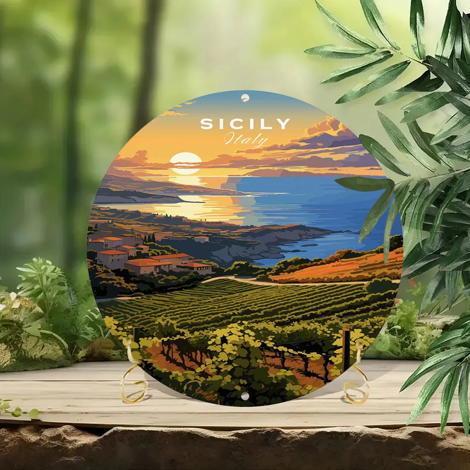 Sicily Italy Vintage-Style Round Metal Sign - 1pc Aluminum Wall Art with HD Print, 8x8inch - Weather Resistant Outdoor/Indoor De