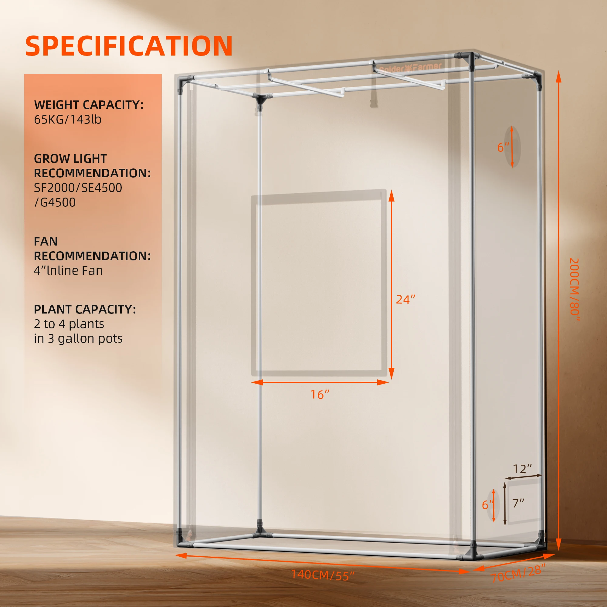 Spider Farmer 140cm X 70cm X 200cm Pro White Indoor Grow Tent 2000D Oxford Cloth Hydroponics Plant Growing
