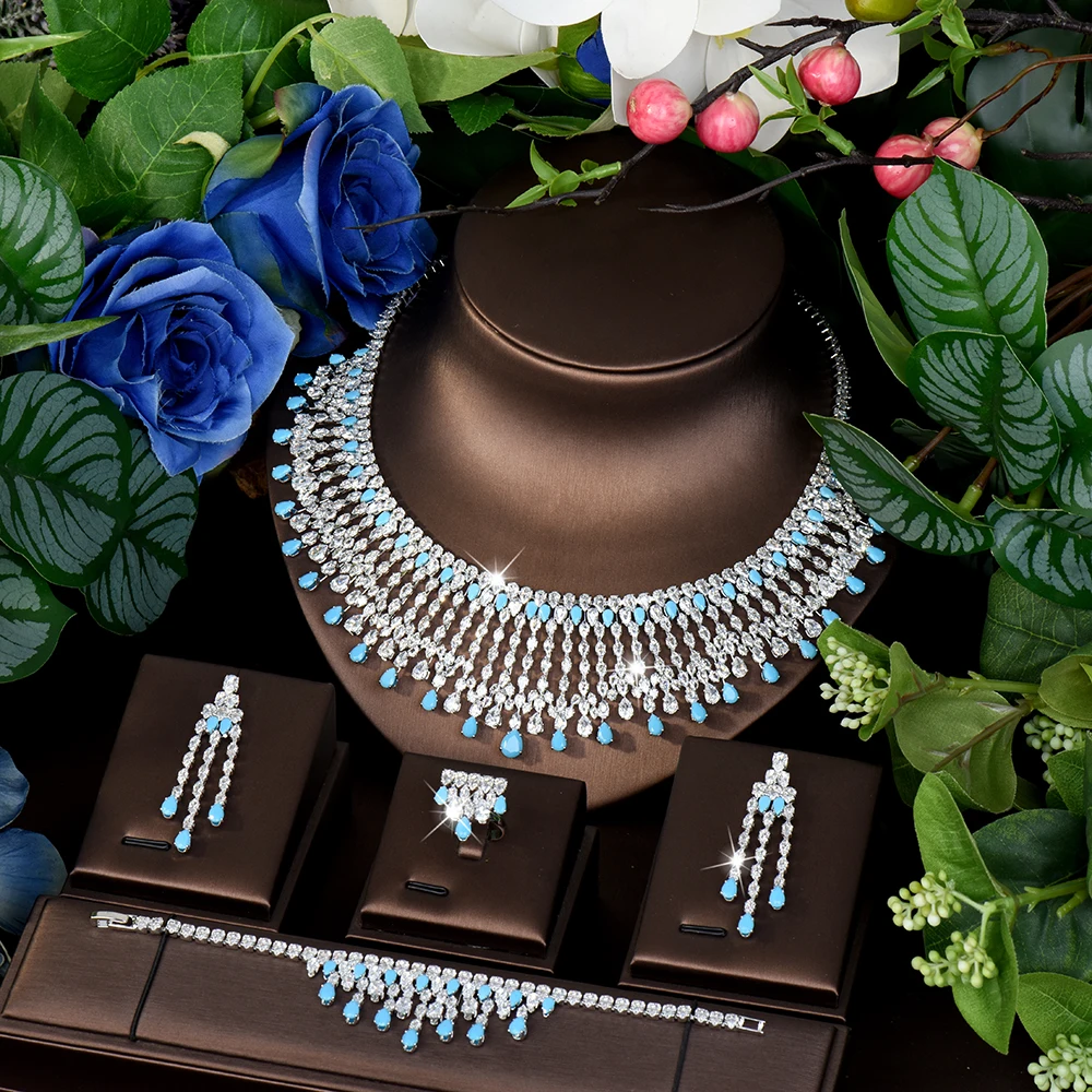 

HIBRIDE Luxury Large Drops Classic Blue Necklace, Earrings and Ring Set Wedding Banquet Jewellery Costume Accessories S-779