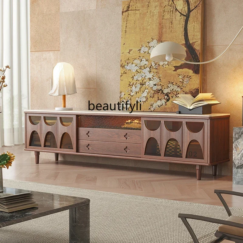 

Solid wood TV cabinet, black walnut, living room floor-to-ceiling travertine rock slab TV cabinet, small apartment locker