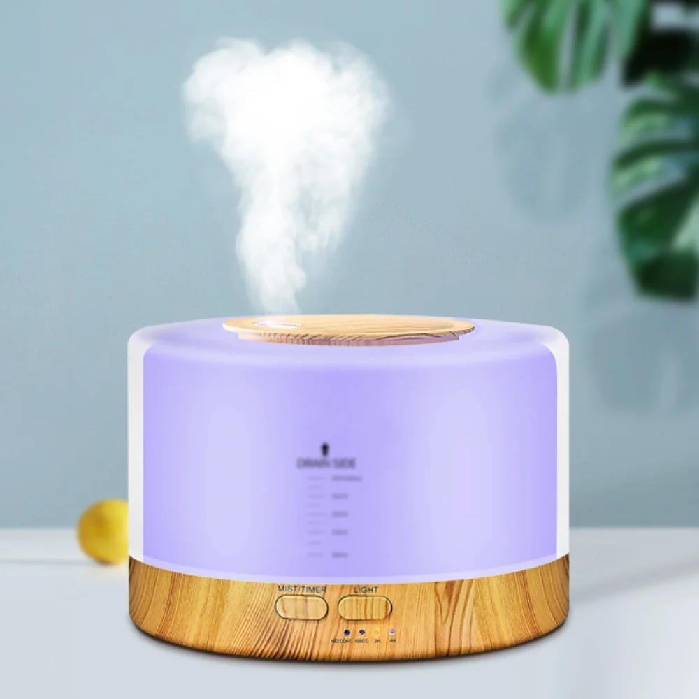 Difusor de óleo essencial 500ml, umidificador ultrassônico com controle remoto, grão de madeira, umidificador de ar de mesa com luzes noturnas coloridas