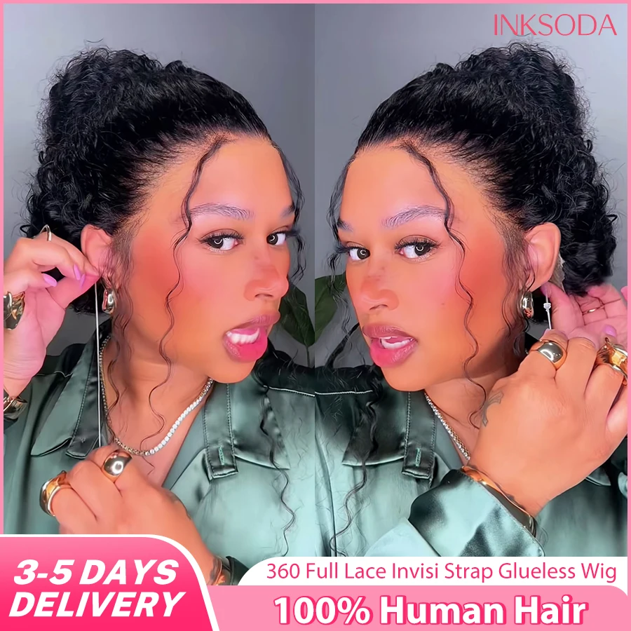 

Curly Invisible Strap HD 360 Lace Front Wig Human Hair Deep Wave 360 Full Lace Frontal Wig Drawstring Glueless Wig Invisi Strap