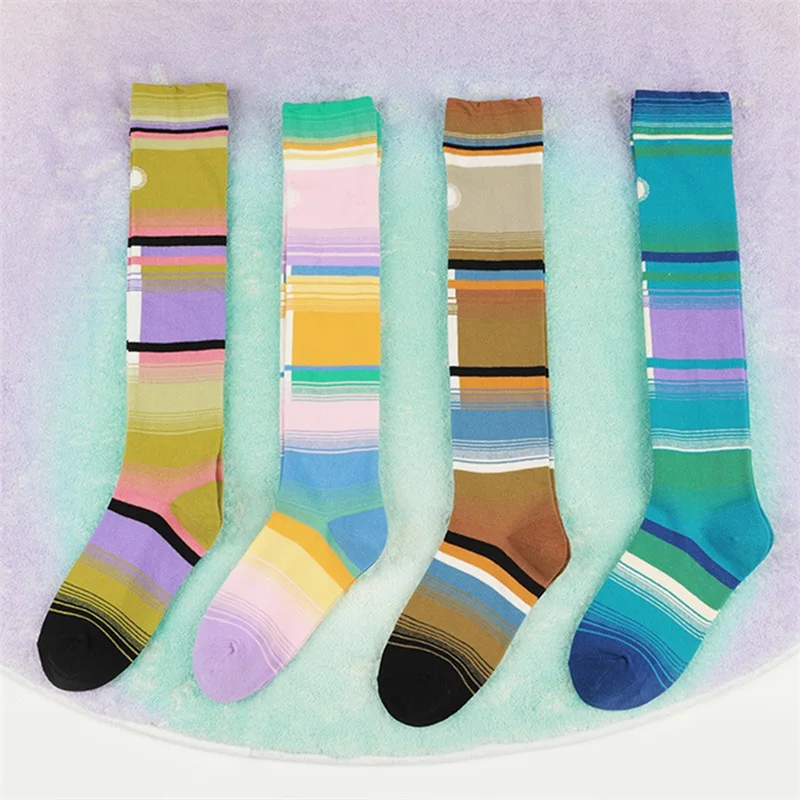 Y2K Women Knee High Socks Retro Gradient Patchwork Soft Casual Elastic Tube Socks Knee High Stockings for Streetwear