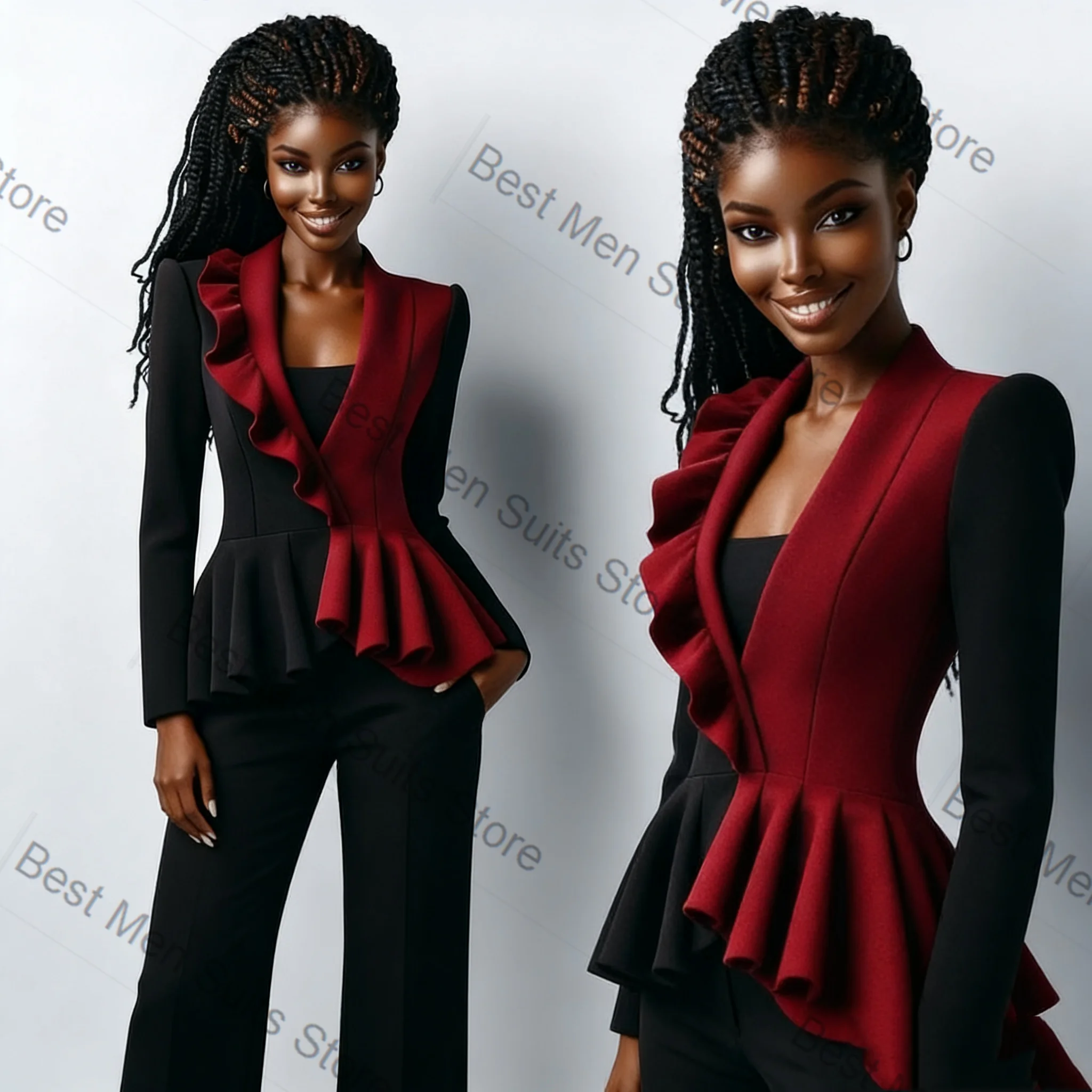 Black Red Women Suit Set 2 Pcs Blazer Pants Trousers Ruffles Formal Office Jacket Customized Wedding Tuxedo Guest Coat