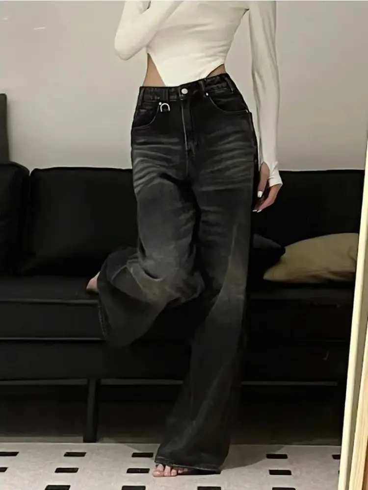 Jean Vintage noir à jambes larges pour femmes, surdimensionné, mode coréenne, Baggy, pantalon en Denim, Grunge Y2k, Hip Hop