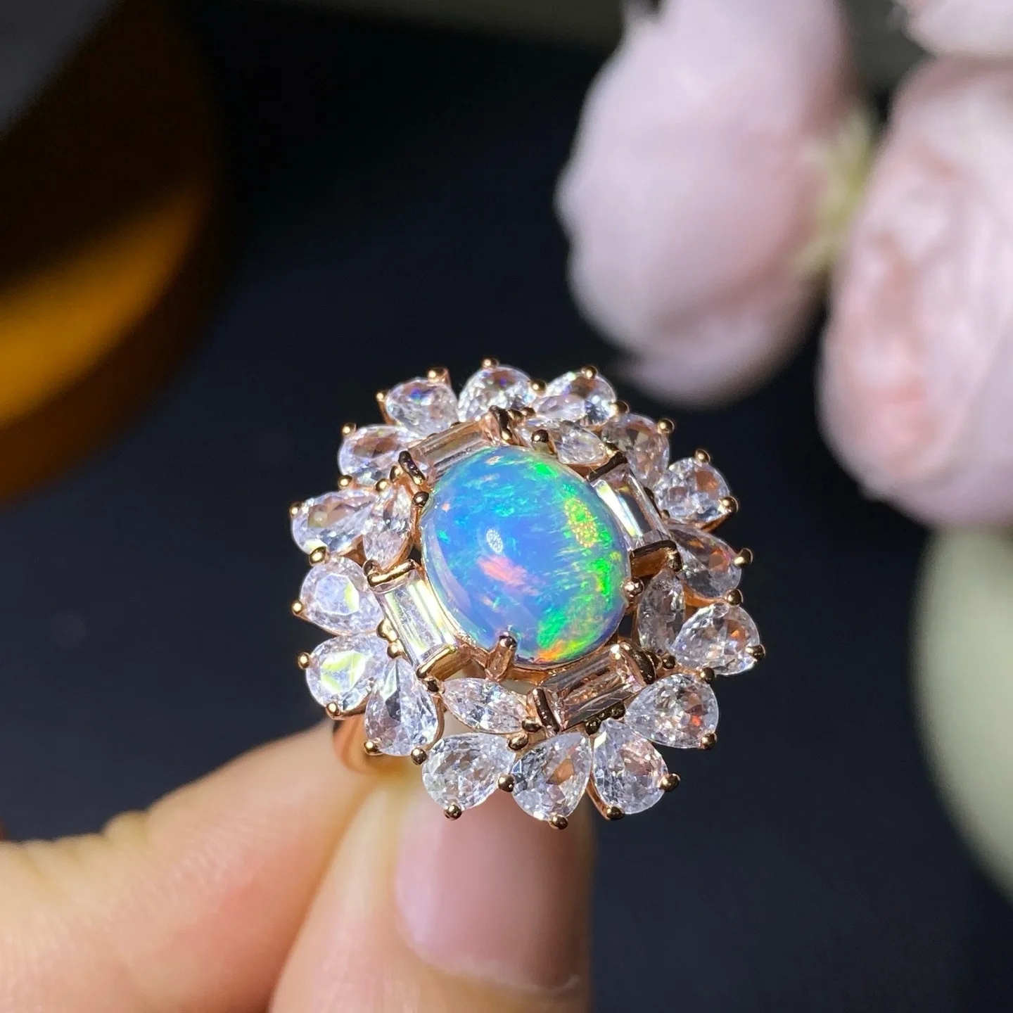 Rose Gold Plated S925 Sterling Silver Natural Opal Ring,8*10mm Oval Gemstone Halo Adjustable Ring Jewelry Gift For Women