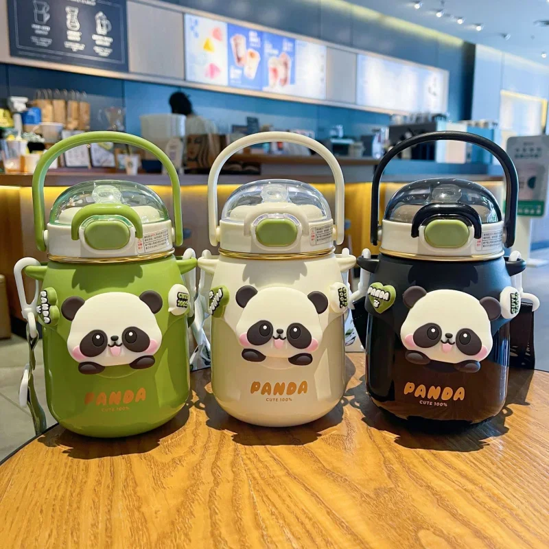 

700ml Child Insulated Straw Cup with 3D Panda Pattern and Strap Big Capacity Portable Water Bottle for School