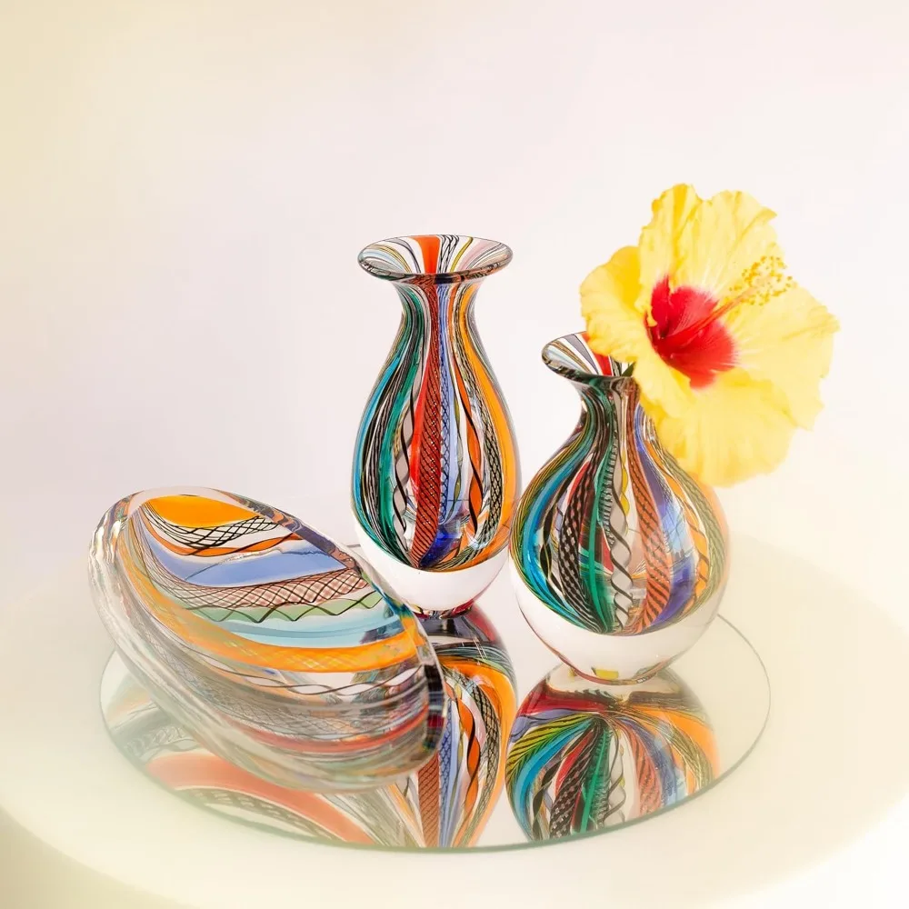 مزهرية زجاجية بوهيمية مصنوعة يدويًا مع زجاج فني ملون مستوحى من مورانو، موديل 2