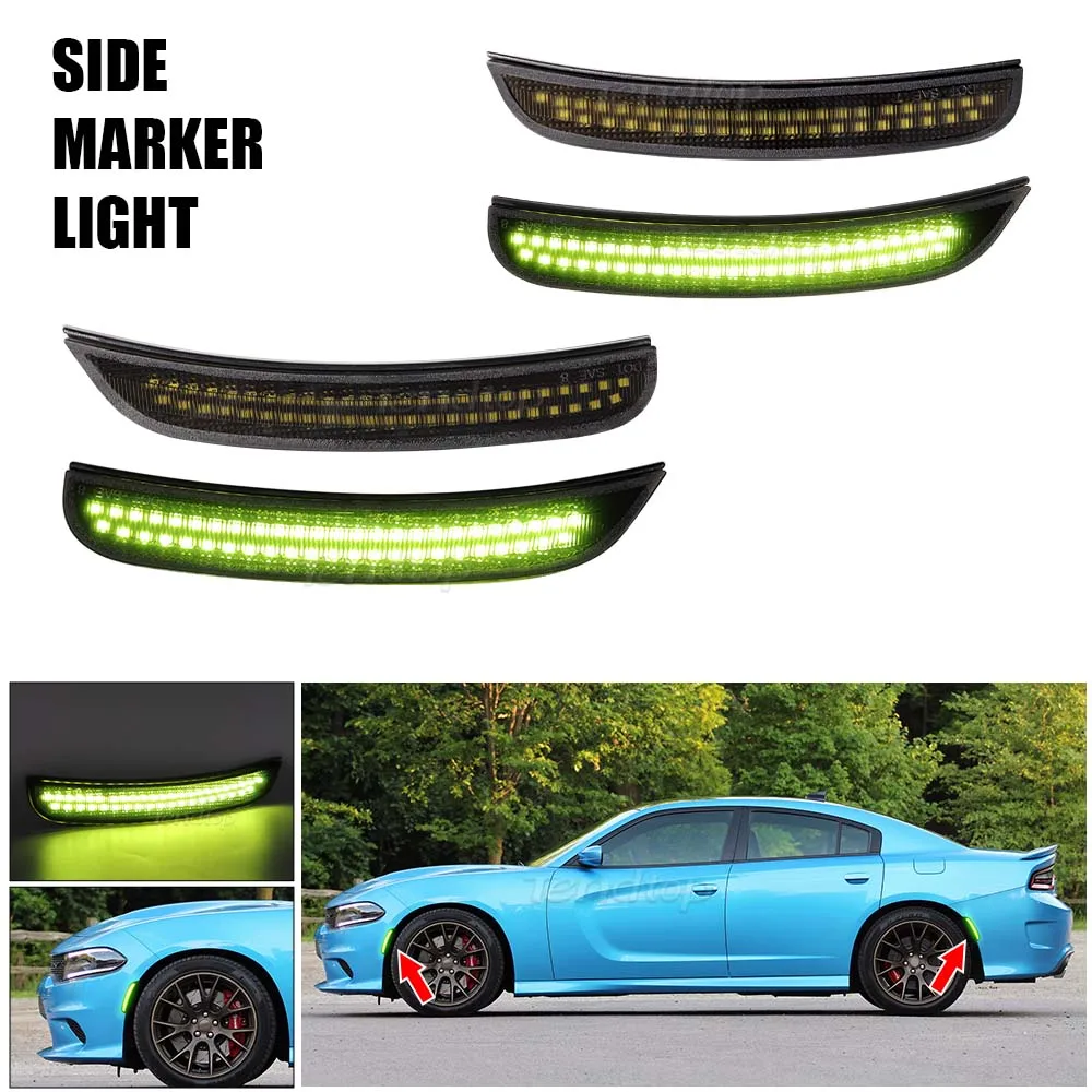 4pcs LED Side Marker Front Rear Bumper Lamp Turn Signal Mirror Light  Front Rear Green Lights For Dodge Charger 2015-2023