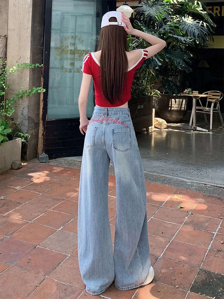 High Waist Wide Leg American Retro Letter Embroidery Denim Jeans Women's New Style Slimming Loose Drapey Straight Cut Pants